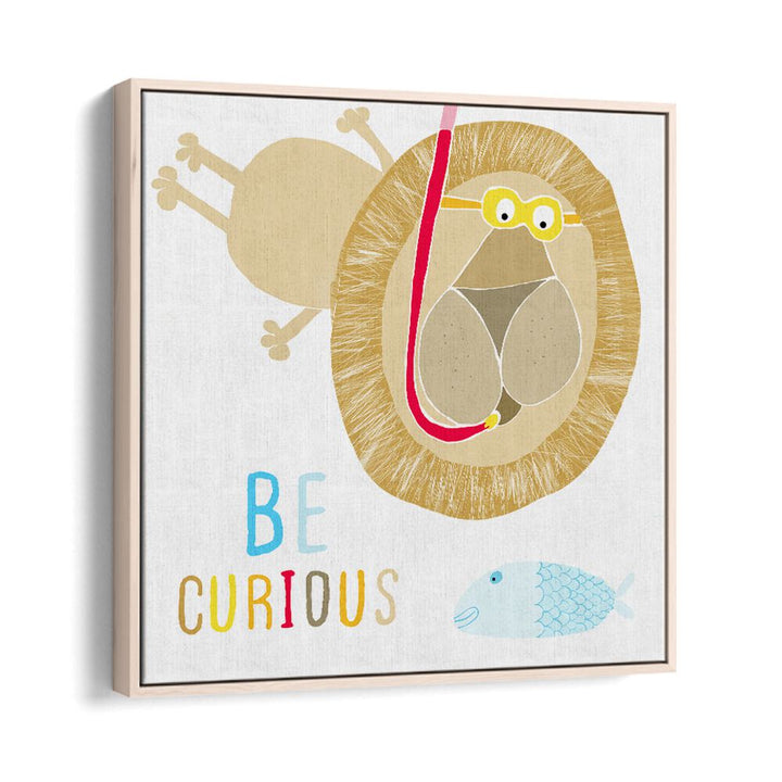 Be Curious Cute Lion Snorkelling With The Fish By Carla Daly Kids Painting in Oak Wood Floater Frame