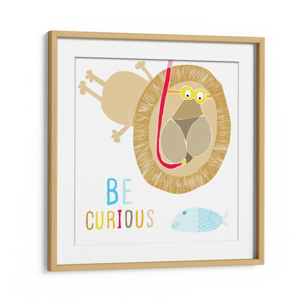 Be Curious Cute Lion Snorkelling With The Fish By Carla Daly Kids Painting in Oak Wood Frame With Mount