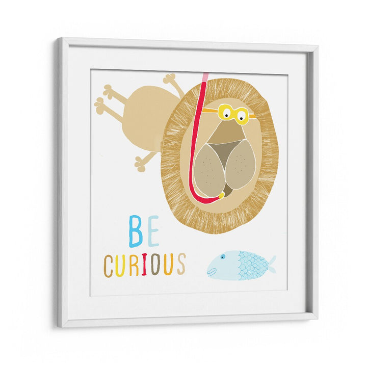 Be Curious Cute Lion Snorkelling With The Fish By Carla Daly Kids Painting in White Frame With Mount