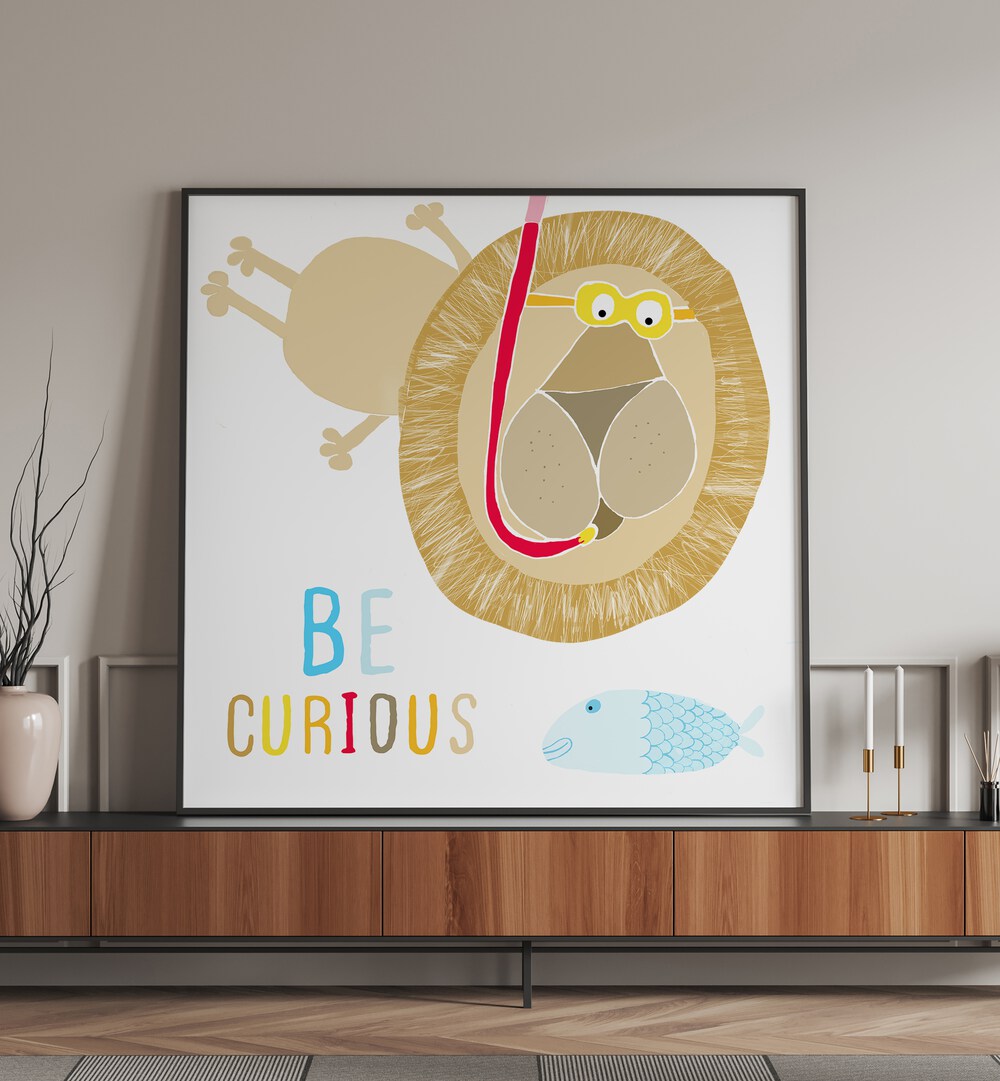 Be Curious Cute Lion Snorkelling With The Fish By Carla Daly Kids Painting placed on a wall