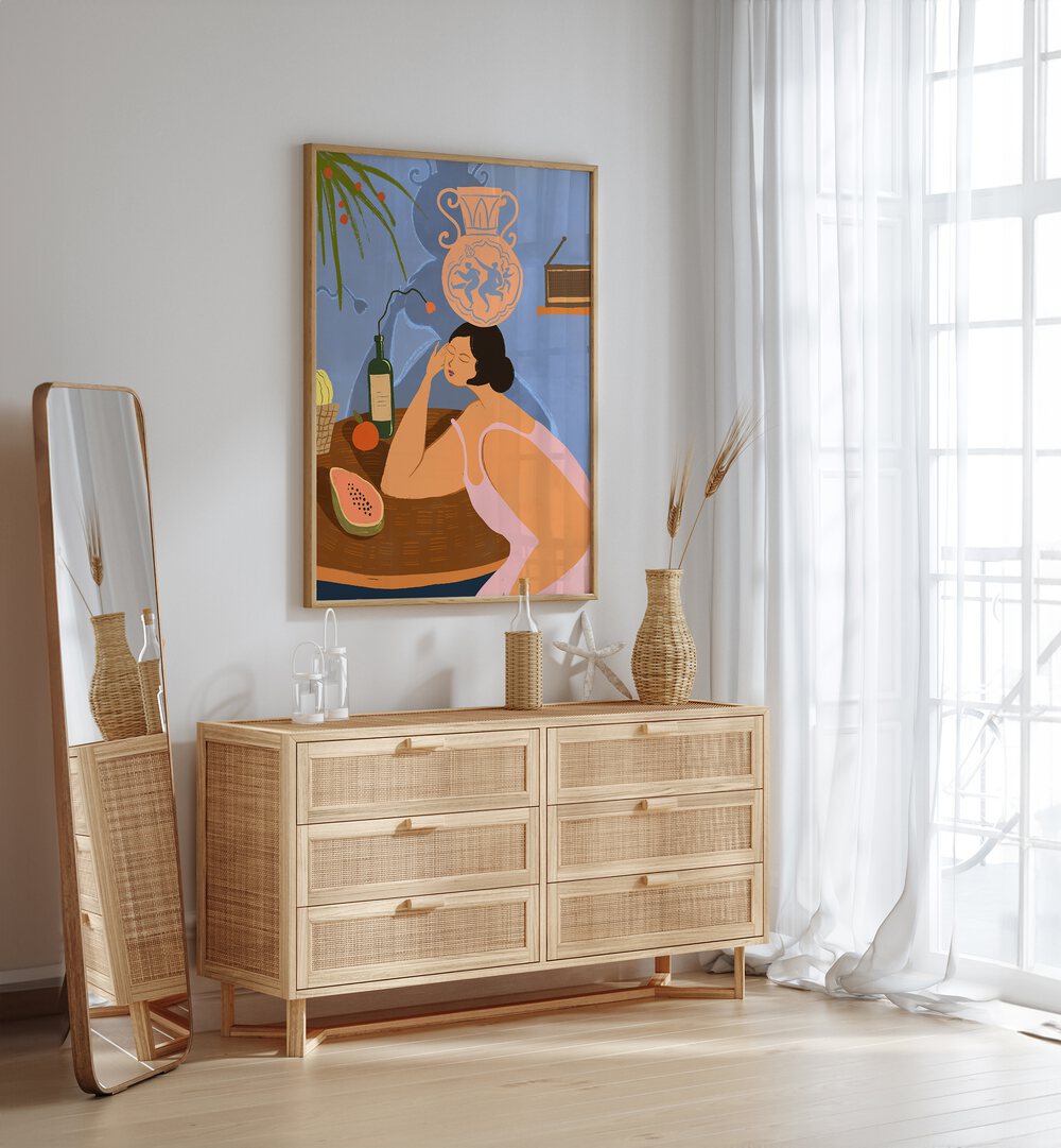 Be Still By Arty Guava Wall Art Prints in Oak Wood Plain Frame placed on a White Colored Wall above a Console Table in the Drawing Room 