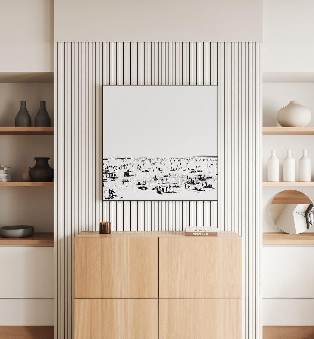 Beach II By Dan Hobay Abstract Art Abstract Paintings in Black Plain Frame placed on a White Colored Striped Wall above a Console Table in the Drawing Room