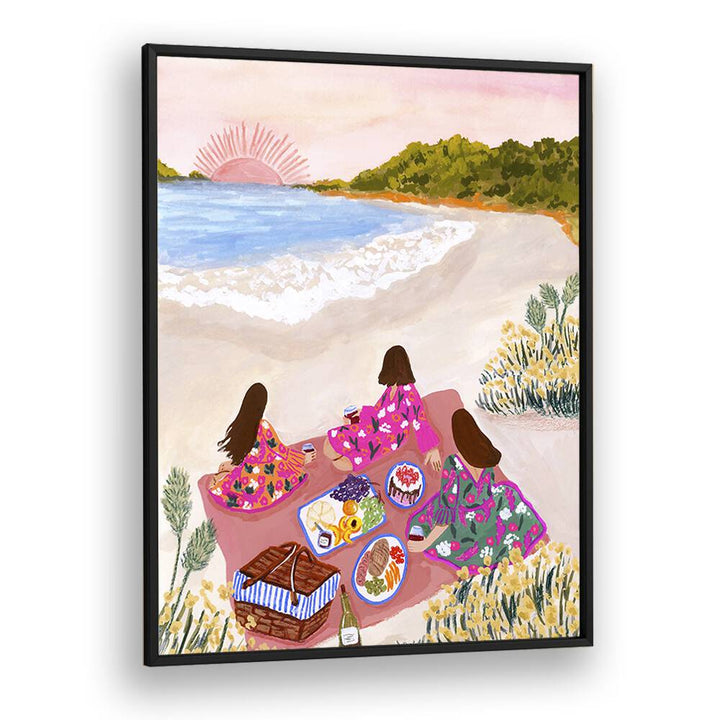 Beach Picnic By Sarah Gesek Coastal Wall Art Prints in Black Floater Frame