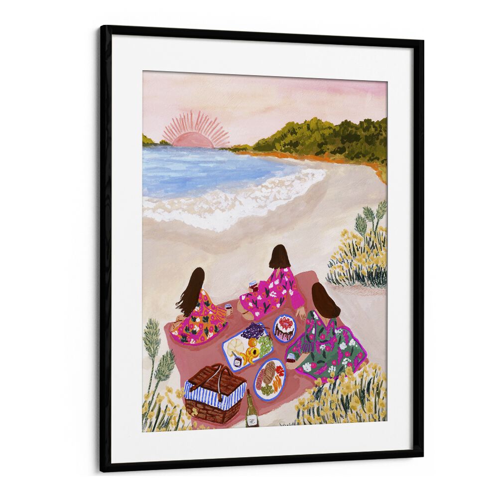 Beach Picnic By Sarah Gesek Coastal Wall Art Prints in Black Frame With Mount