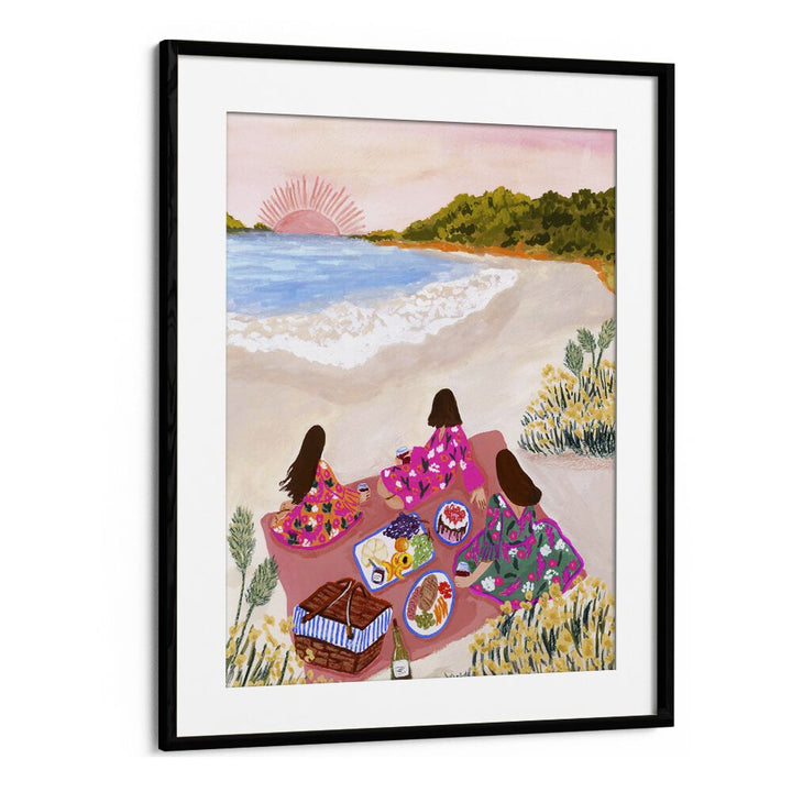 Beach Picnic By Sarah Gesek Coastal Wall Art Prints in Black Frame With Mount