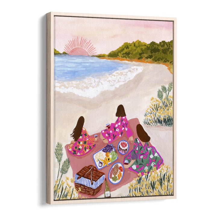 Beach Picnic By Sarah Gesek Coastal Wall Art Prints in Oak Wood Floater Frame