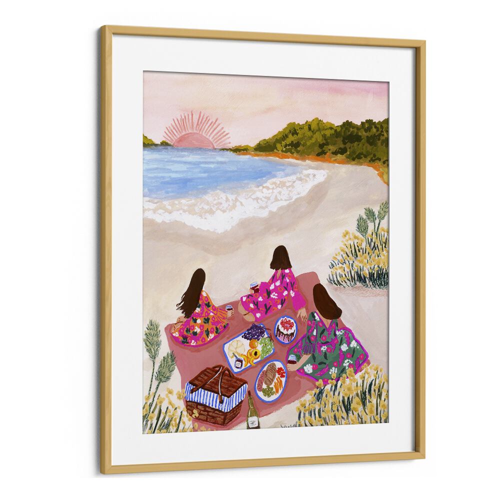 Beach Picnic By Sarah Gesek Coastal Wall Art Prints in Oak Wood Frame With Mount