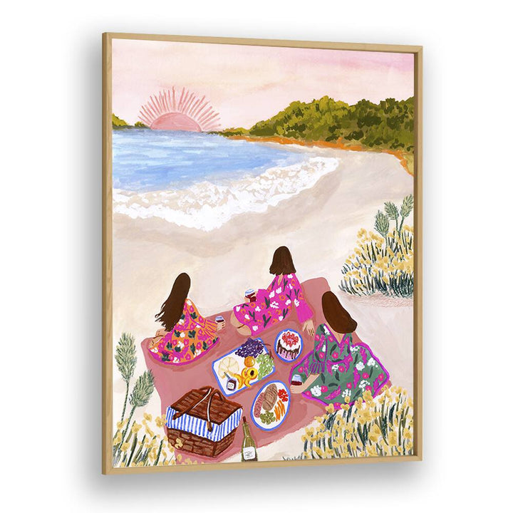 Beach Picnic By Sarah Gesek Coastal Wall Art Prints in Oak Wood Plain Frame