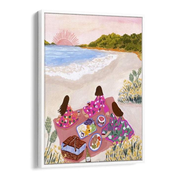 Beach Picnic By Sarah Gesek Coastal Wall Art Prints in White Floater Frame