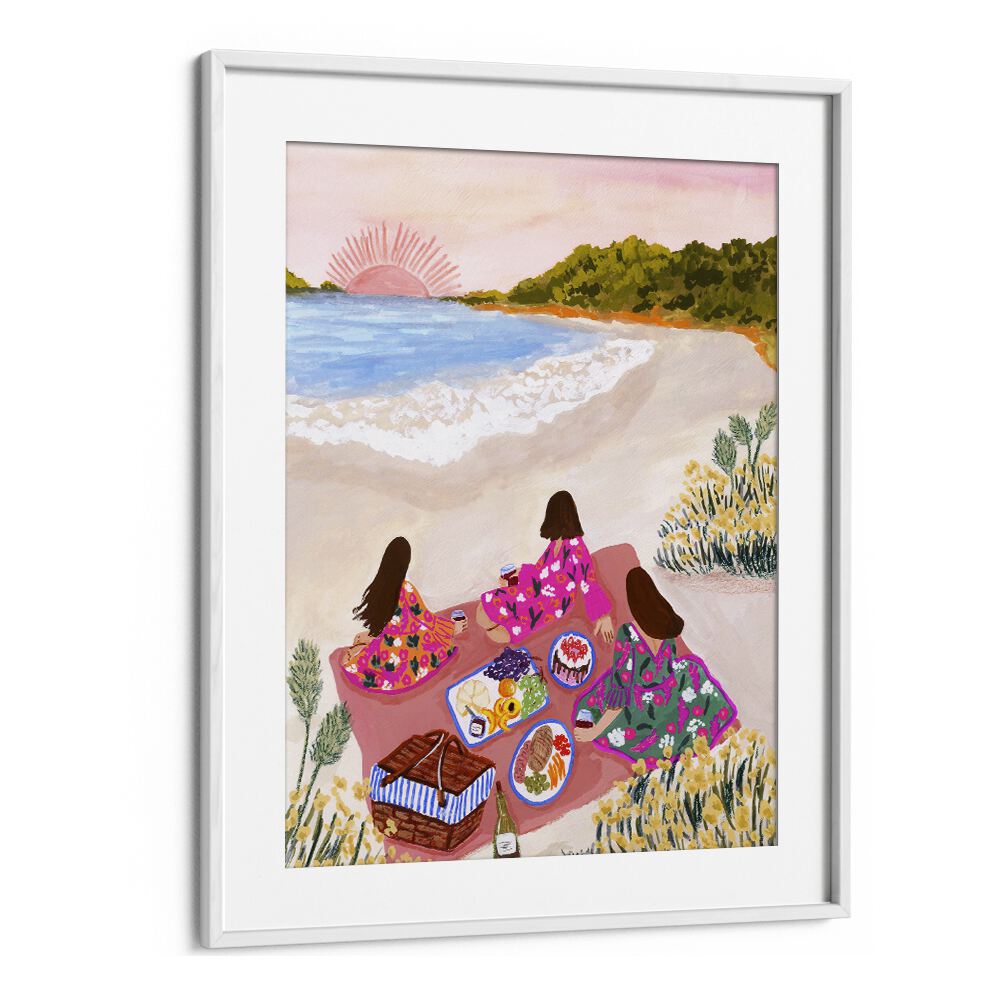 Beach Picnic By Sarah Gesek Coastal Wall Art Prints in White Frame With Mount