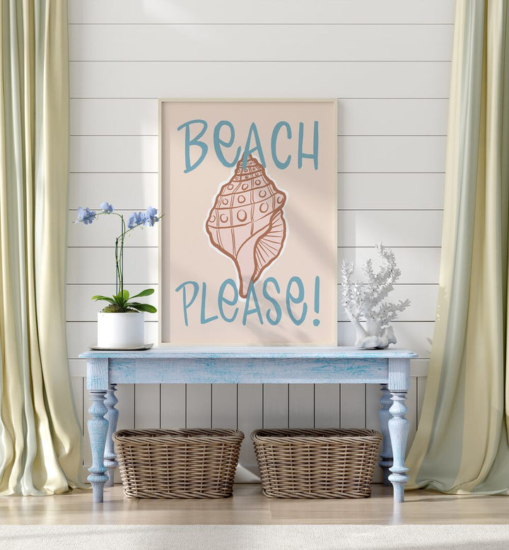 Beach Please Beach Prints Coastal Wall Art Prints in Oak Wood Plain Frame placed on a Console Table near a White Wooden Textured Wall in the Alley Way