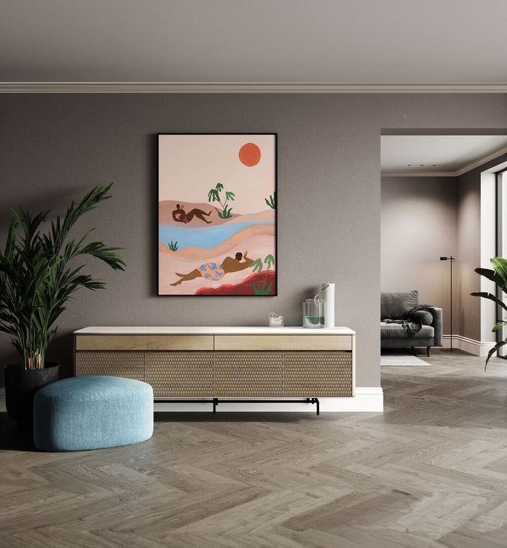 Beach Please By Arty Guava Wall Art Prints in Black Plain Frame placed on a Beige Colored Wall above a Console Table in the Drawing Room