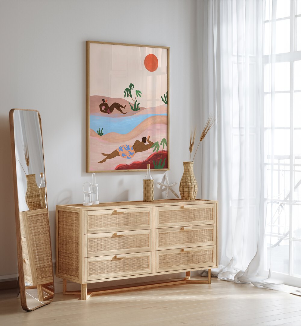 Beach Please By Arty Guava Wall Art Prints in Oak Wood Plain Frame placed on a White Colored Wall above a Console Table in the Drawing Room 