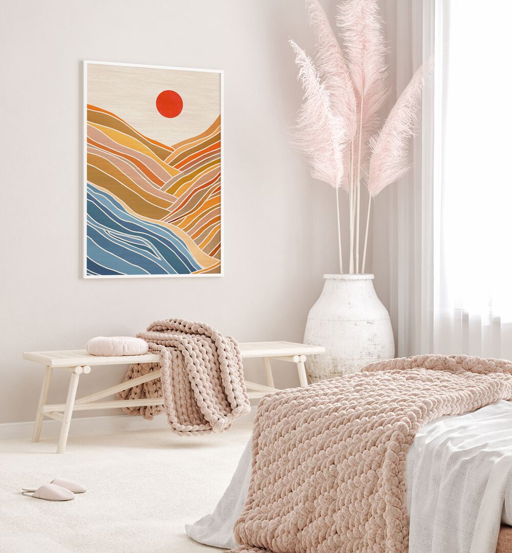 Beach View by Kristian Gallagher Landscape Art Prints Landscape Paintings in White Plain Frame placed on a bedroom wall behind a table