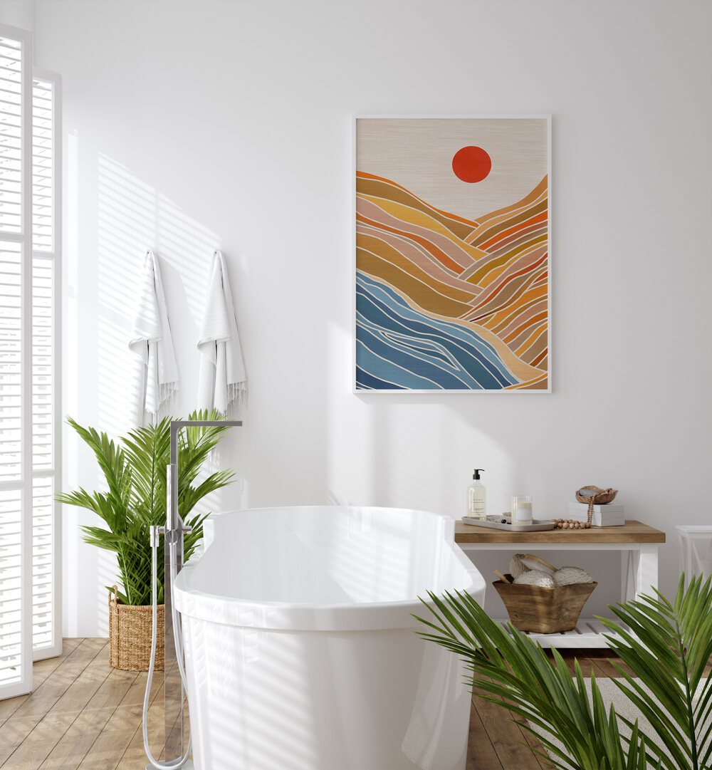 Beach View by Kristian Gallagher Landscape Art Prints Landscape Paintings in White Plain Frame placed on a bathroom wall behind a bath tub