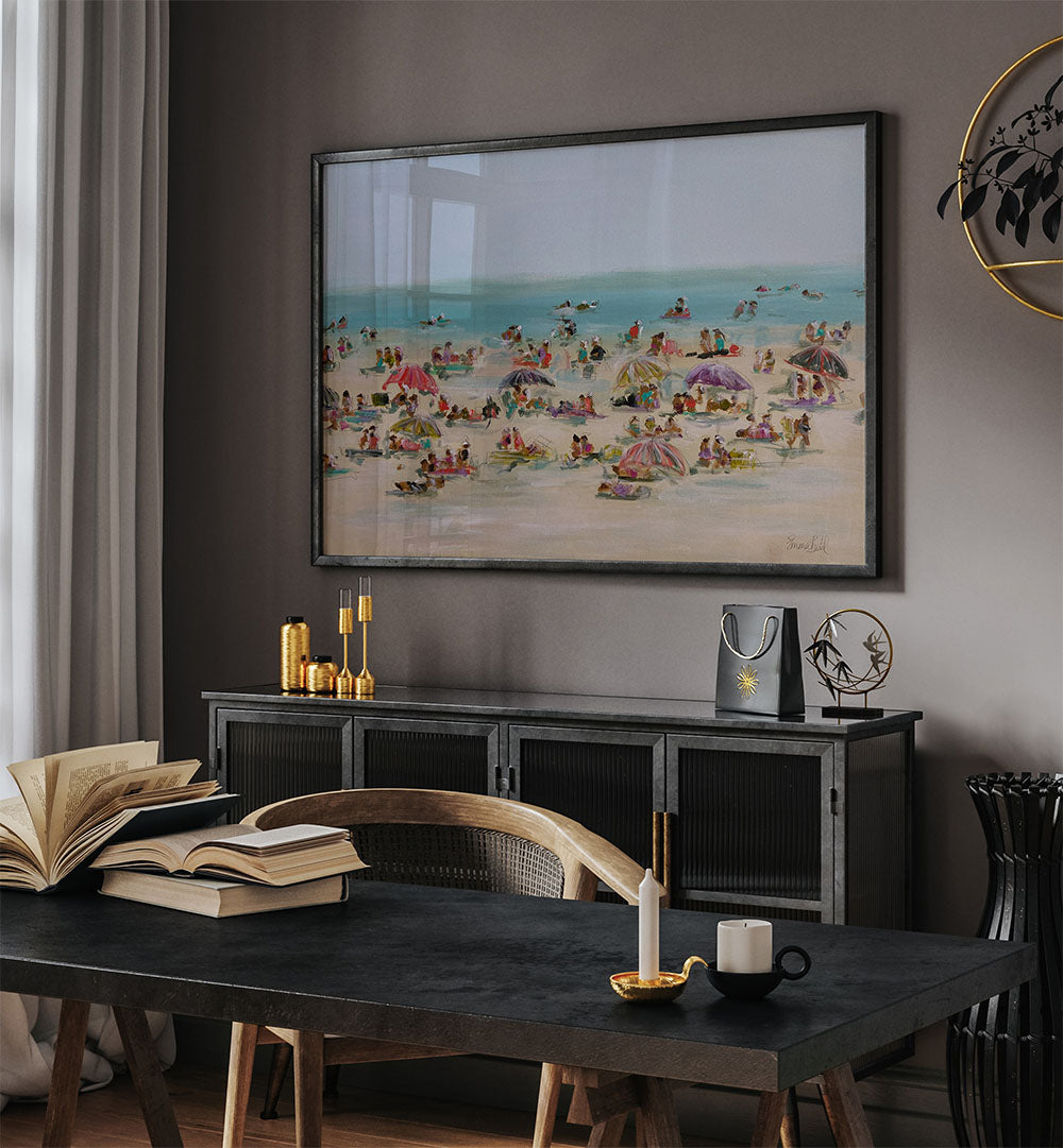 Stunning IMPRESSIONIST BEACH SCENE, BEACH PAINTINGS enhancing a serene coastal vibe in a stylish living room.