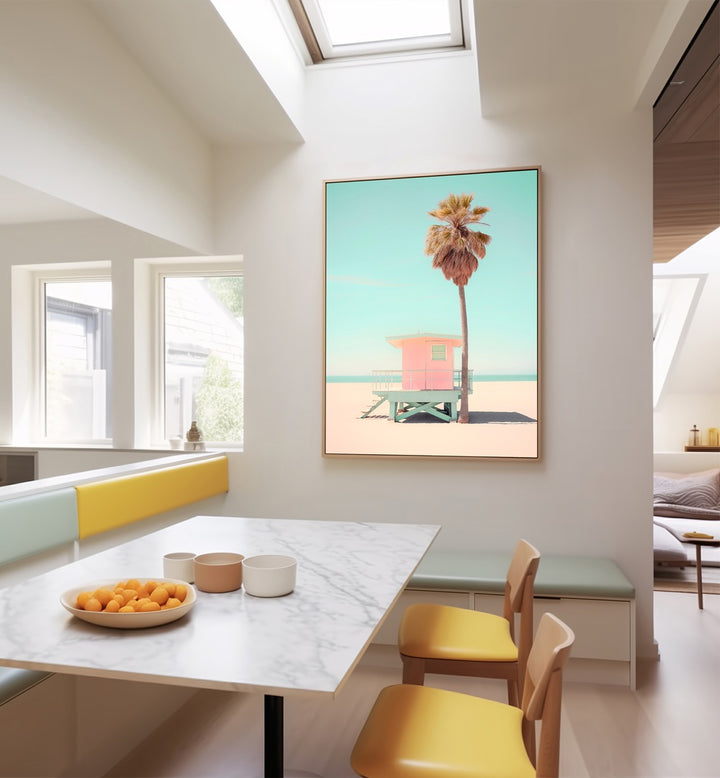 Bright beach scene featuring the BEACHSIDE PINK BLISS, a stunning artwork perfect for coastal living and decor.