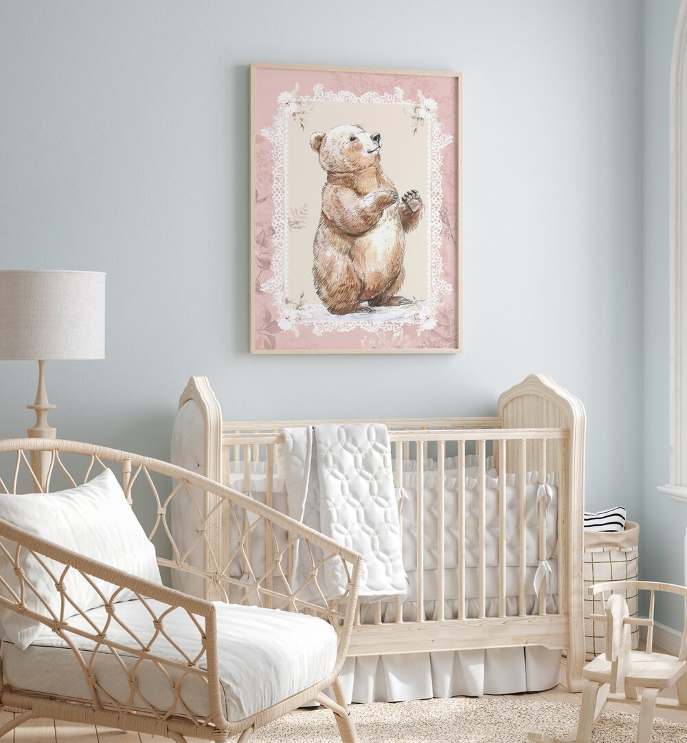 Bear Foot Kids Room Paintings Kids Room Wall Art in Oak Wood Plain Frame placed on a wall in a kids room behind an infant's bed