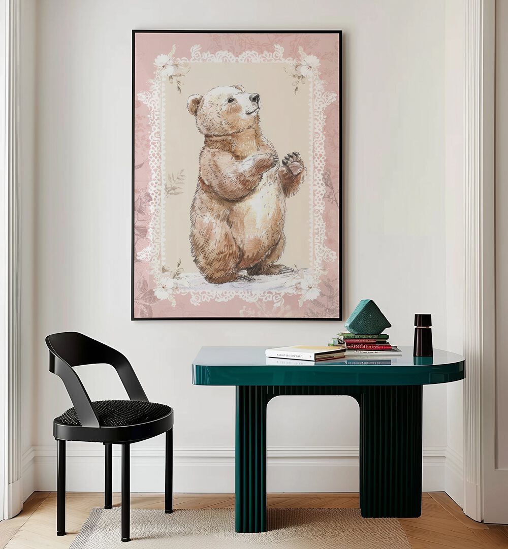 Bear Foot Kids Room Paintings Kids Room Wall Art in Black Plain Frame placed on a wall behind a study table