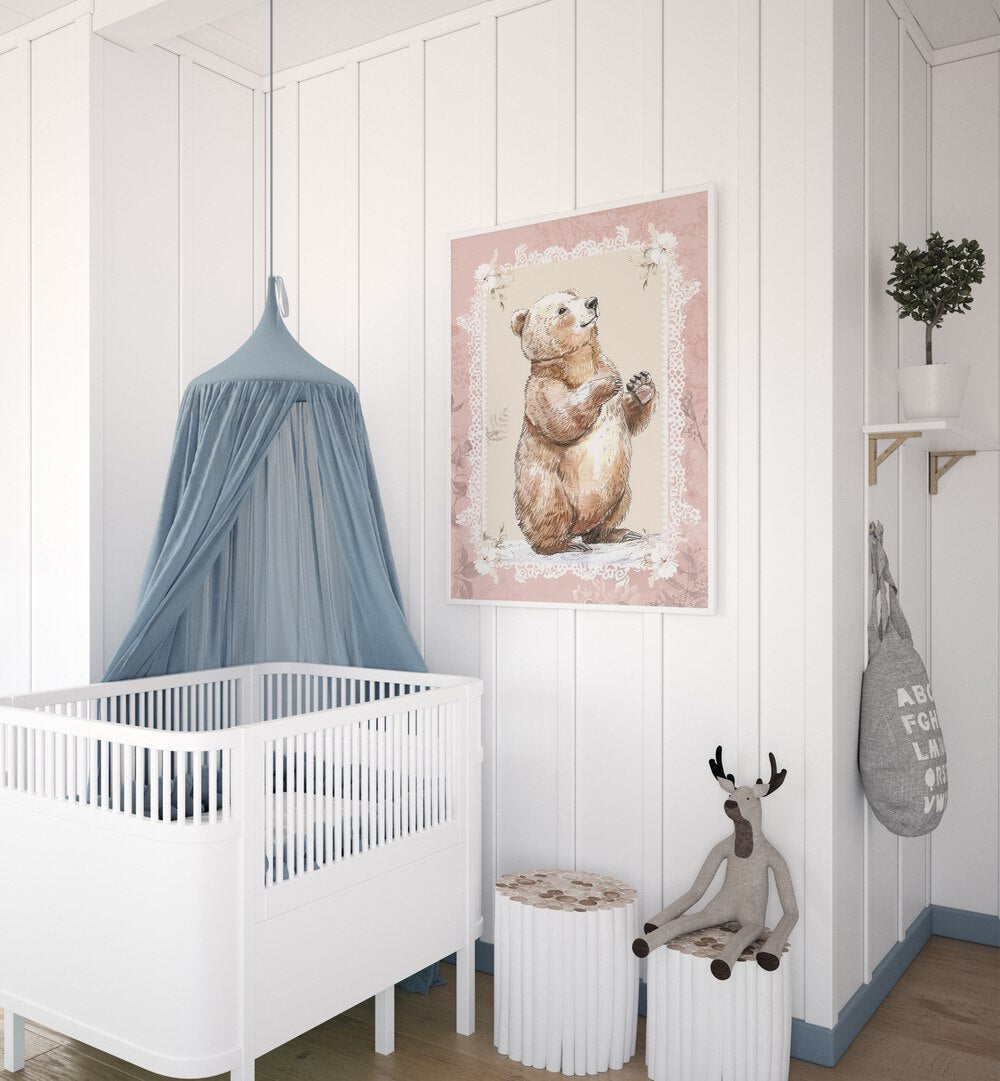 Bear Foot Kids Room Paintings Kids Room Wall Art in White Plain Frame placed on a wall in a kids room beside an infant's bed