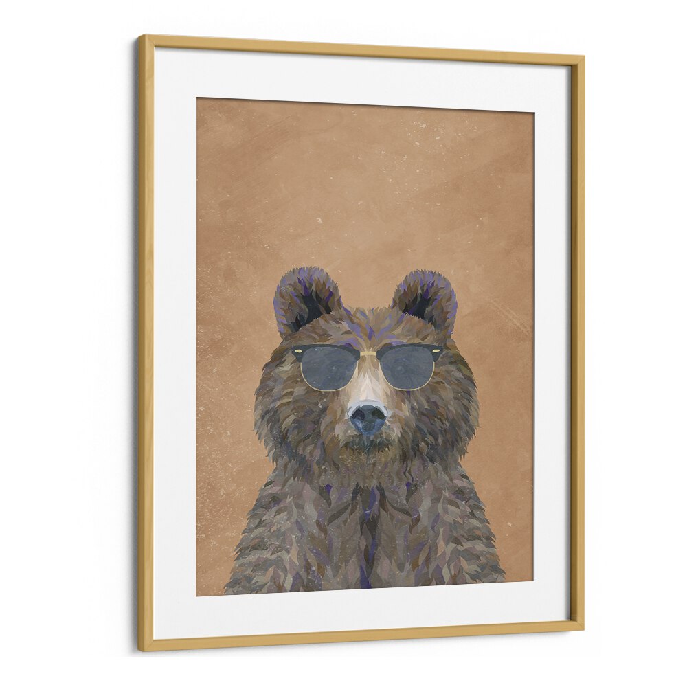 Bear With Sunglasses By Sarah Manovski Kids Room Art in Oak Wood Frame With Mount