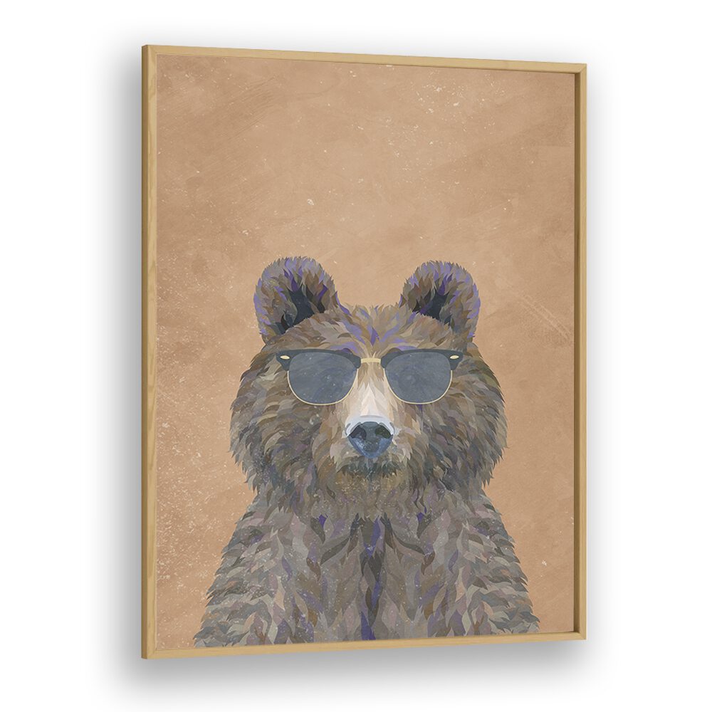 Bear With Sunglasses By Sarah Manovski Kids Room Art in Oak Wood Plain Frame