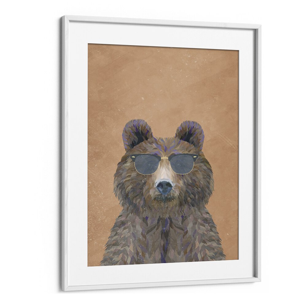 Bear With Sunglasses By Sarah Manovski Kids Room Art in White Frame With Mount