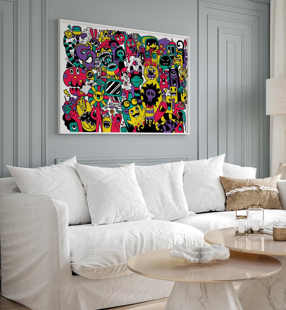 Beastie Bonanza Doodle Art Painting in White Plain Frame placed on wall behind a sofa