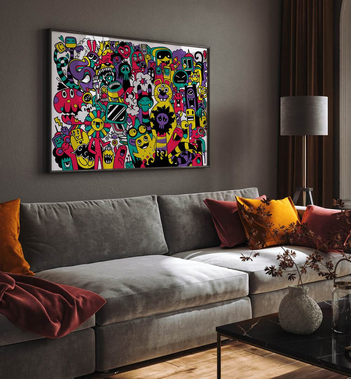 Beastie Bonanza Doodle Art Painting in Black Plain Frame placed on wall behind a sofa