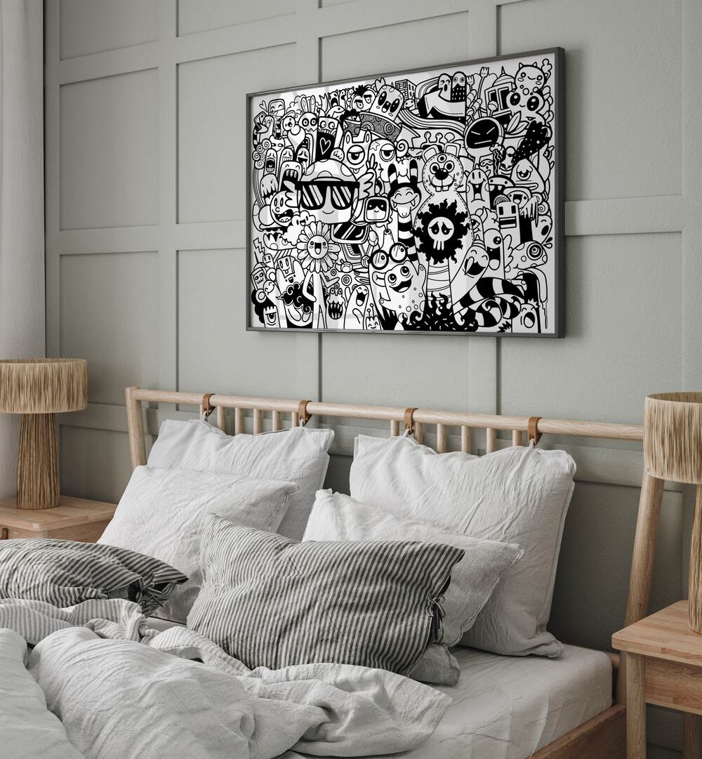 Beastie Bonanza II Doodle Art Painting in Black Plain Frame placed on wall behind a bed