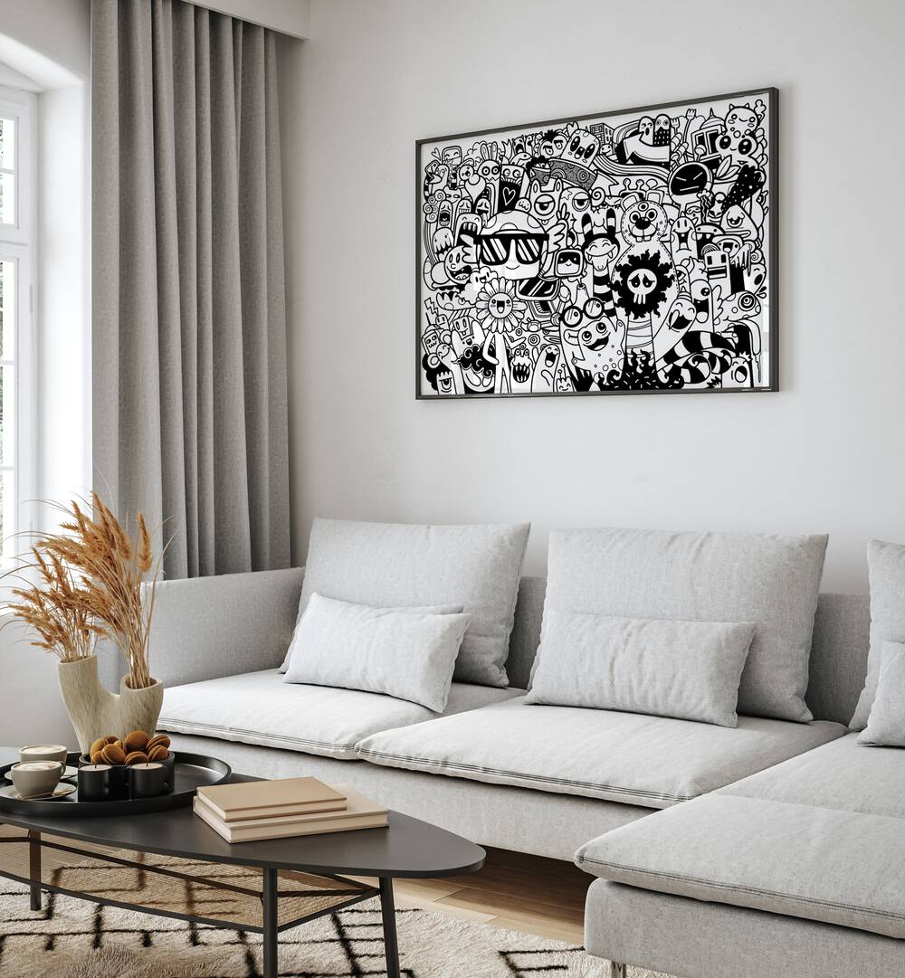 Beastie Bonanza II Doodle Art Painting in Black Plain Frame placed on wall behind a sofa