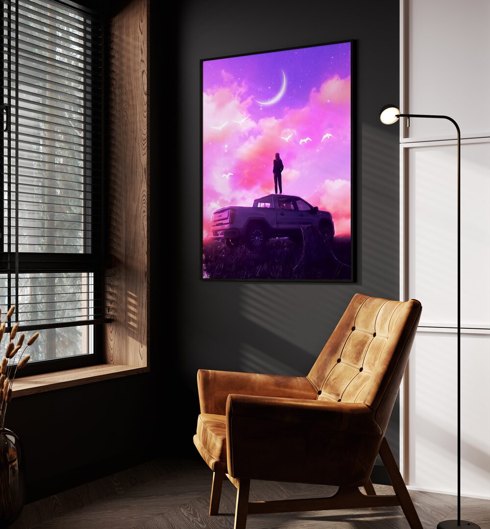 Beautiful Dream By Ritvik Takkar Surreal Art Prints in Black Plain Frame placed on a Dark Grey Colored Wall in the Drawing Room