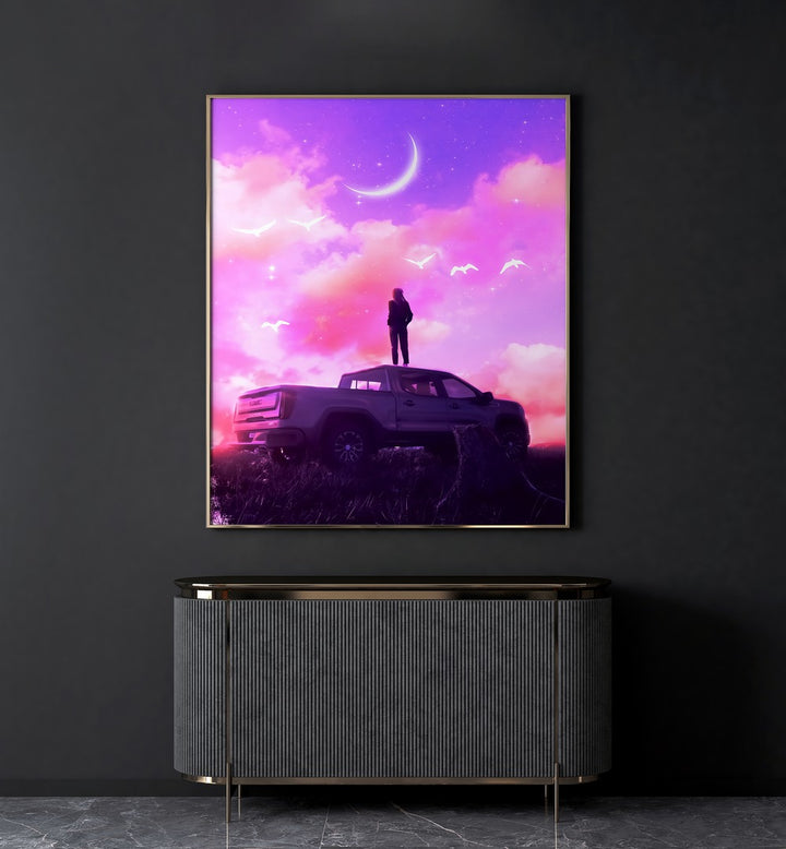 Beautiful Dream By Ritvik Takkar Surreal Art Prints in Gold Plain Frame placed on a Dark Grey Colored Wall above a Console Table in the Drawing Room