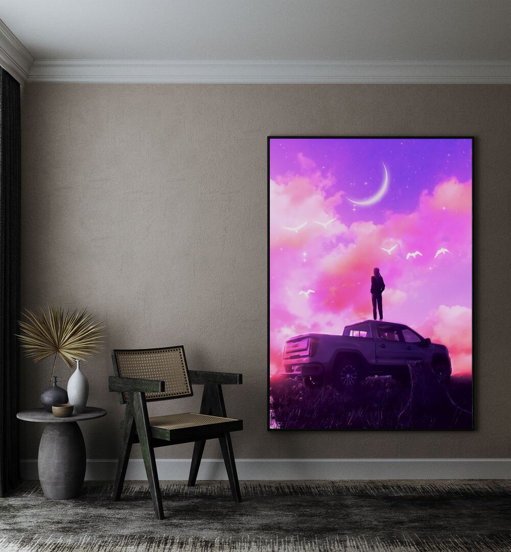 Beautiful Dream By Ritvik Takkar Surreal Art Prints in Black Plain Frame placed on a Beige Colored Wall in the Drawing Room