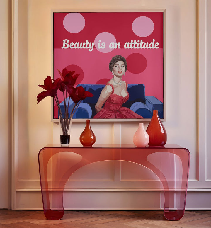 Beauty on the Couch By Lynnda Rakos Pop Art Paintings Pop Art Prints in Oak Wood Plain Frame placed on a wall behind a table