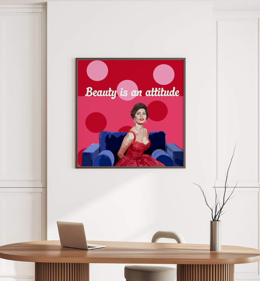 Beauty on the Couch By Lynnda Rakos Pop Art Paintings Pop Art Prints in Black Plain Frame placed on a wall behind a workplace table