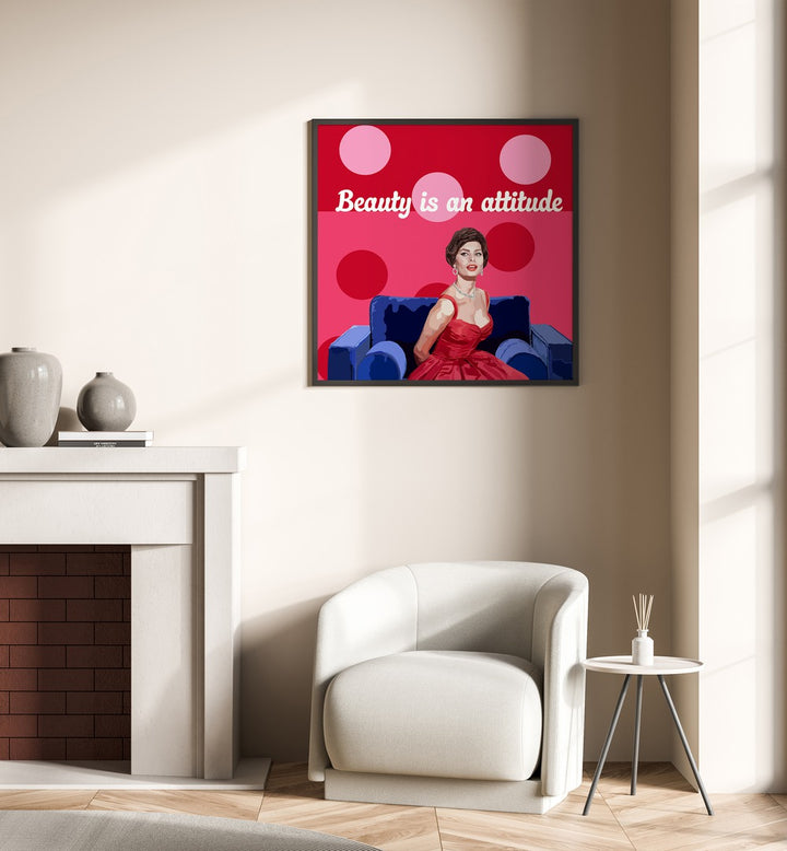 Beauty on the Couch By Lynnda Rakos Pop Art Paintings Pop Art Prints in Black Plain Frame placed on a wall behind a sofa