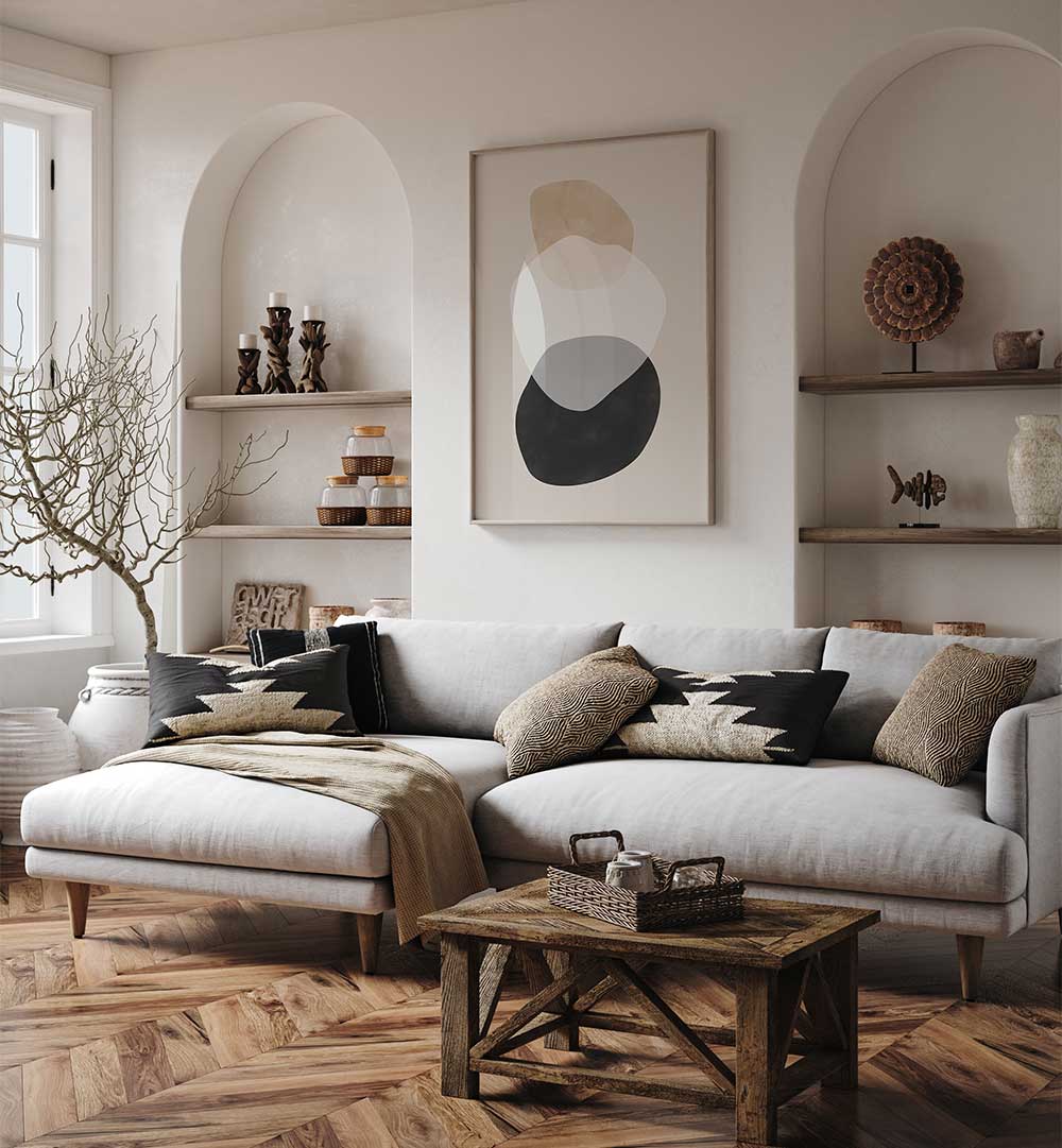 BEIGE BOHO SHAPES , BOHO ART PAINTINGS