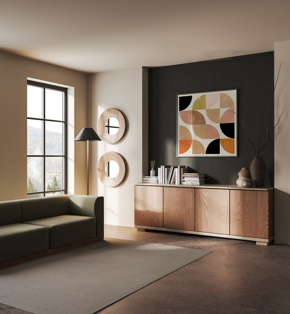 Beige Viertel Circles By Ana Rut Bre Abstract Art Abstract Paintings in Oak Wood Plain Frame placed on a Dark Grey Colored Wall above a Console Table in the Living Room