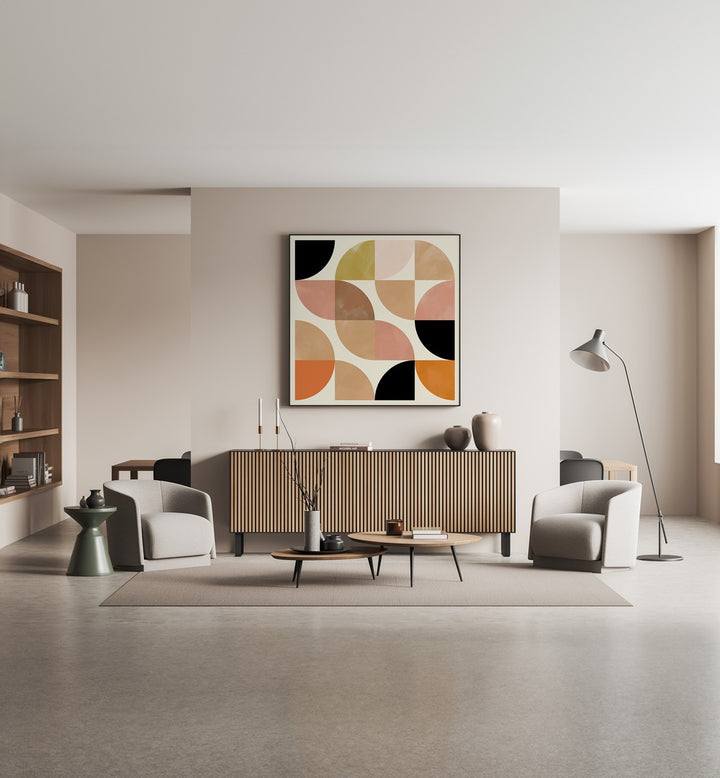 Beige Viertel Circles By Ana Rut Bre Abstract Art Abstract Paintings in Black Plain Frame placed on a Cream Colored Wall above a Console Table in the Living Room