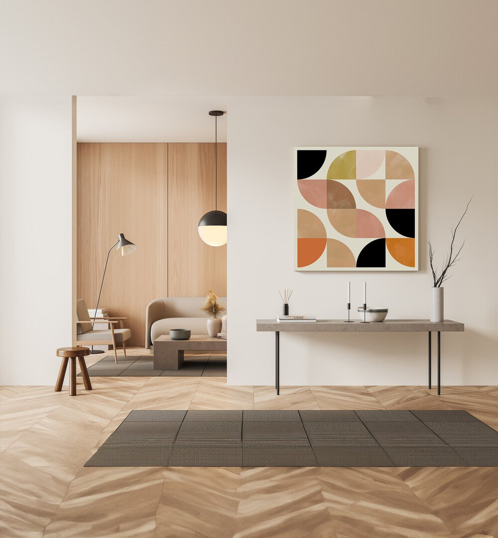 Beige Viertel Circles By Ana Rut Bre Abstract Art Abstract Paintings in Oak Wood Plain Frame placed on a Cream Colored Wall above a Console Table in the Drawing Room