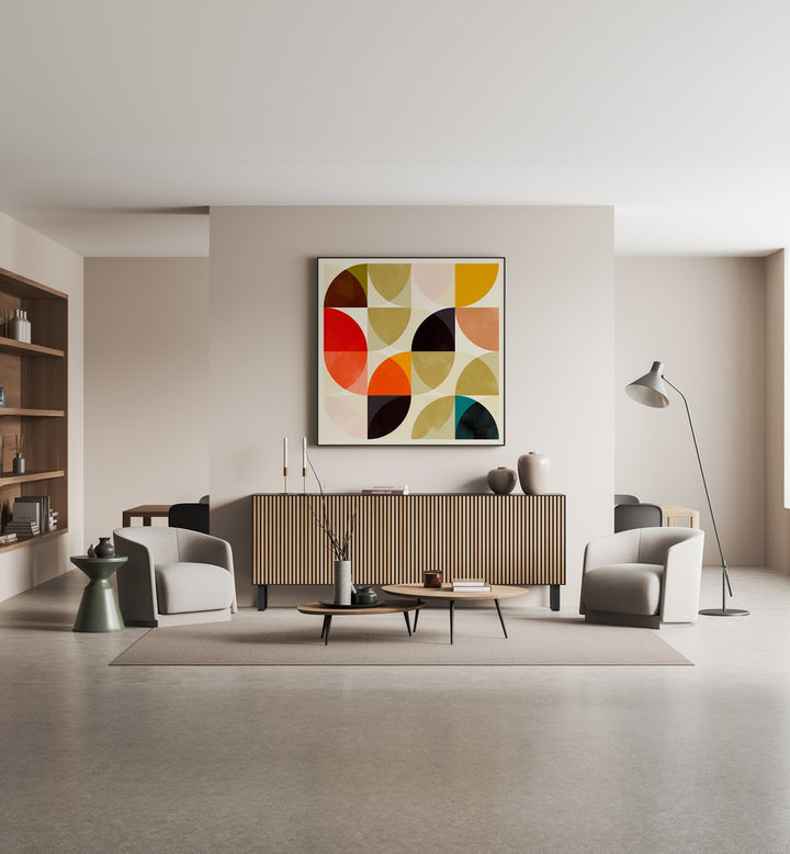 Beige Viertel Circles Ineinander By Ana Rut Bre Abstract Art Abstract Wall Art in Black Floater Frame placed on a wall behind a console table