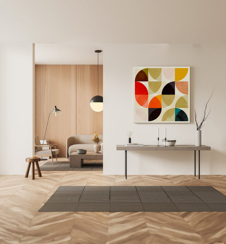 Beige Viertel Circles Ineinander By Ana Rut Bre Pop Art Paintings Pop Art Prints in Gallery Wrap placed on a wall behind a table 