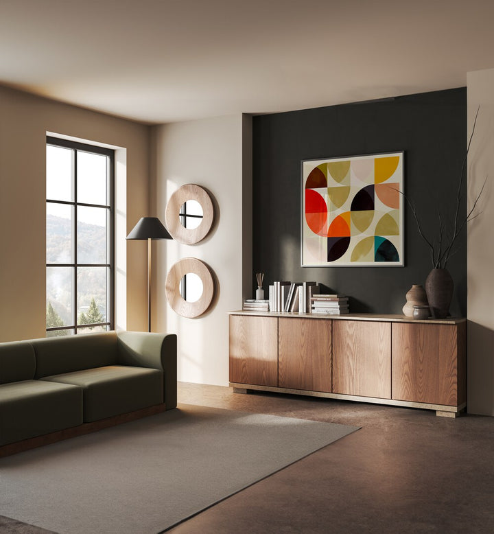 Beige Viertel Circles Ineinander By Ana Rut Bre Pop Art Paintings Pop Art Prints in Black Plain Frame placed on a wall behind a table