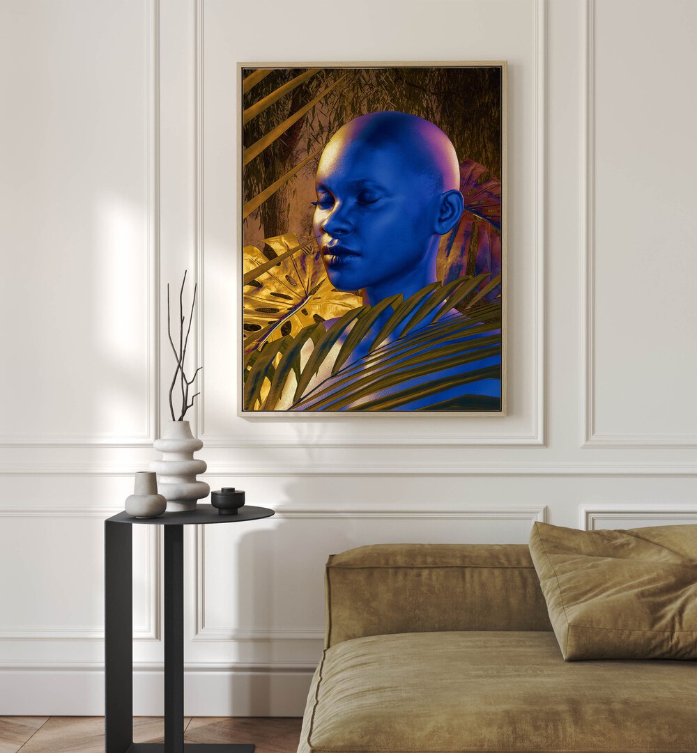 Being By Cosmo Zach Surreal Art Prints Surrealism in Oak Wood Plain Frame placed on a wall behind a sofa