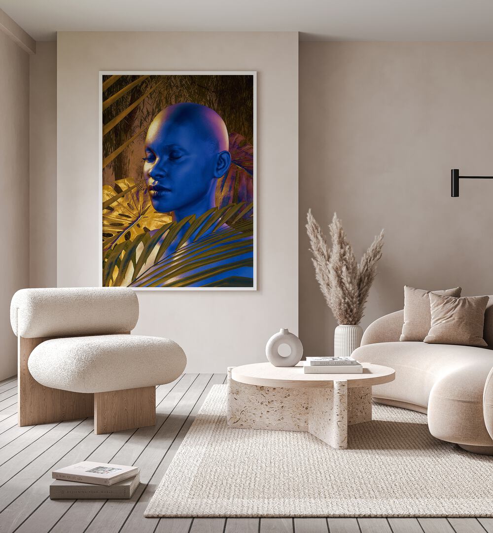 Being By Cosmo Zach Surreal Art Prints Surrealism in White Plain Frame placed on a wall behind a sofa