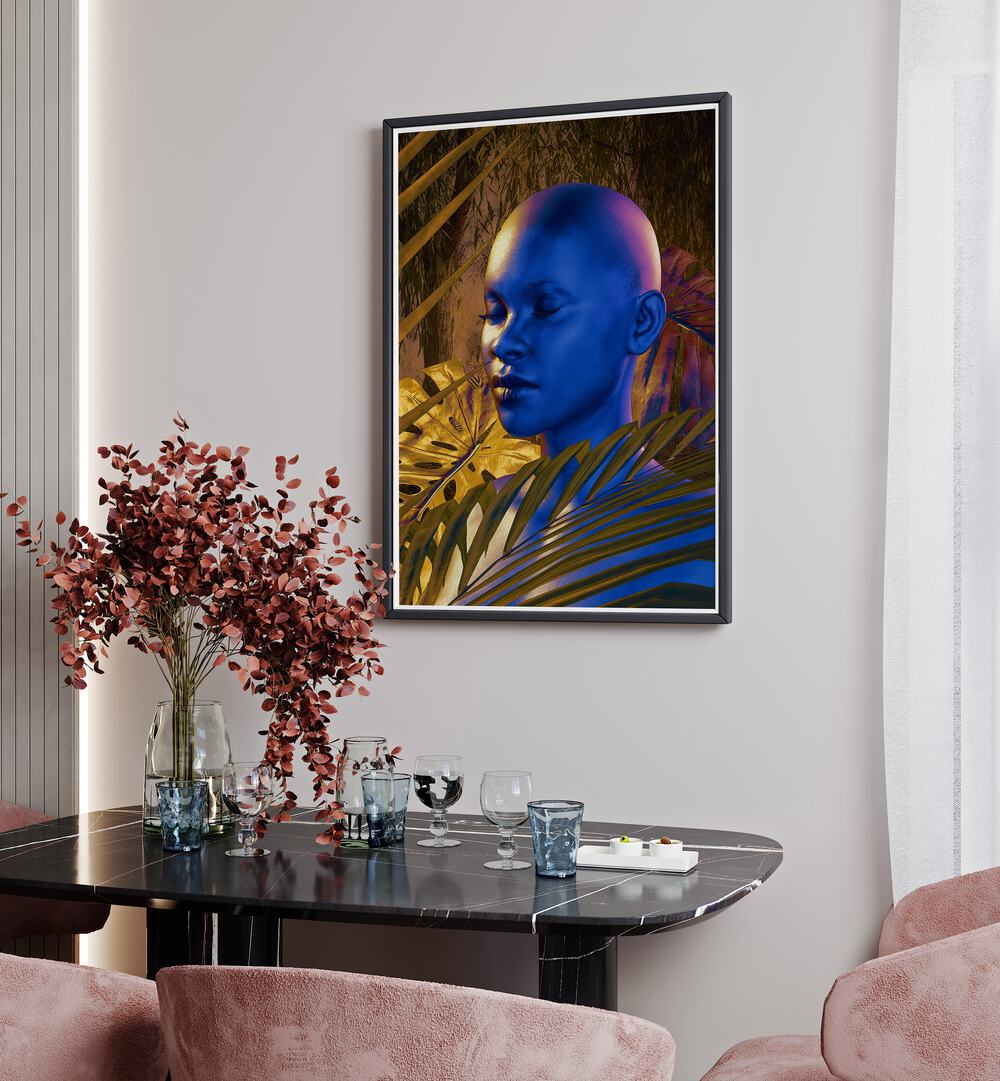 Being By Cosmo Zach Surreal Art Prints Surrealism in Black Plain Frame on a wall behind a dining table