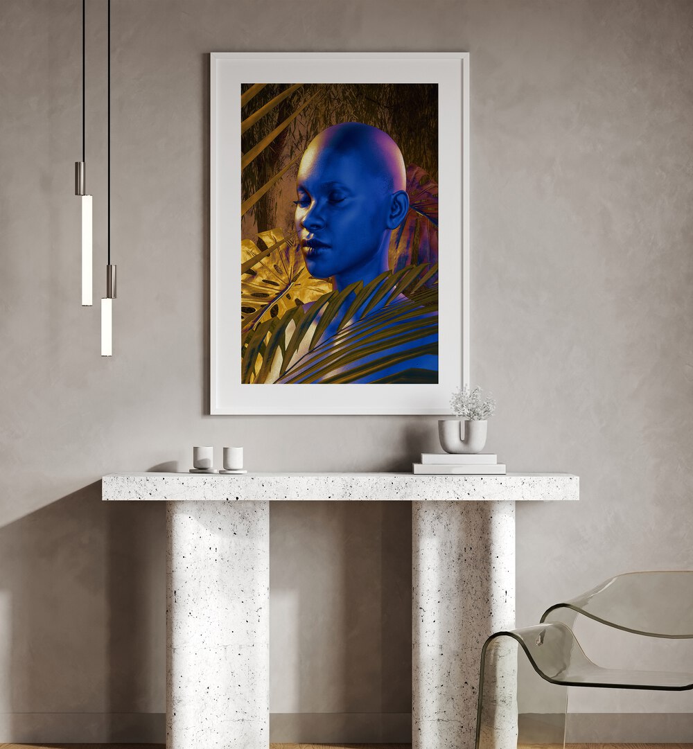 Being By Cosmo Zach Surreal Art Prints Surrealism in White Frame With Mount placed on a wall behind a table