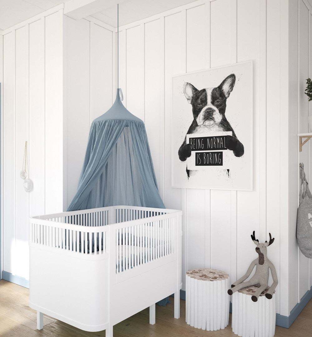 "Stylish nursery featuring 'Being Normal is Boring, Animal Paintings' by Balazs Solti, perfect for nature lovers."
