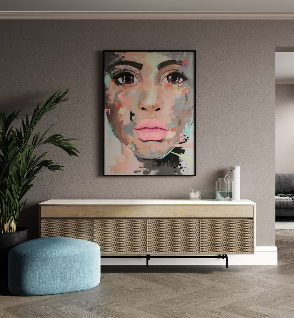 Believe By Rikke Londager Boisen Pop Art Paintings in Black Plain Frame placed on a Beige Colored Wall above a Console Table in the Drawing Room